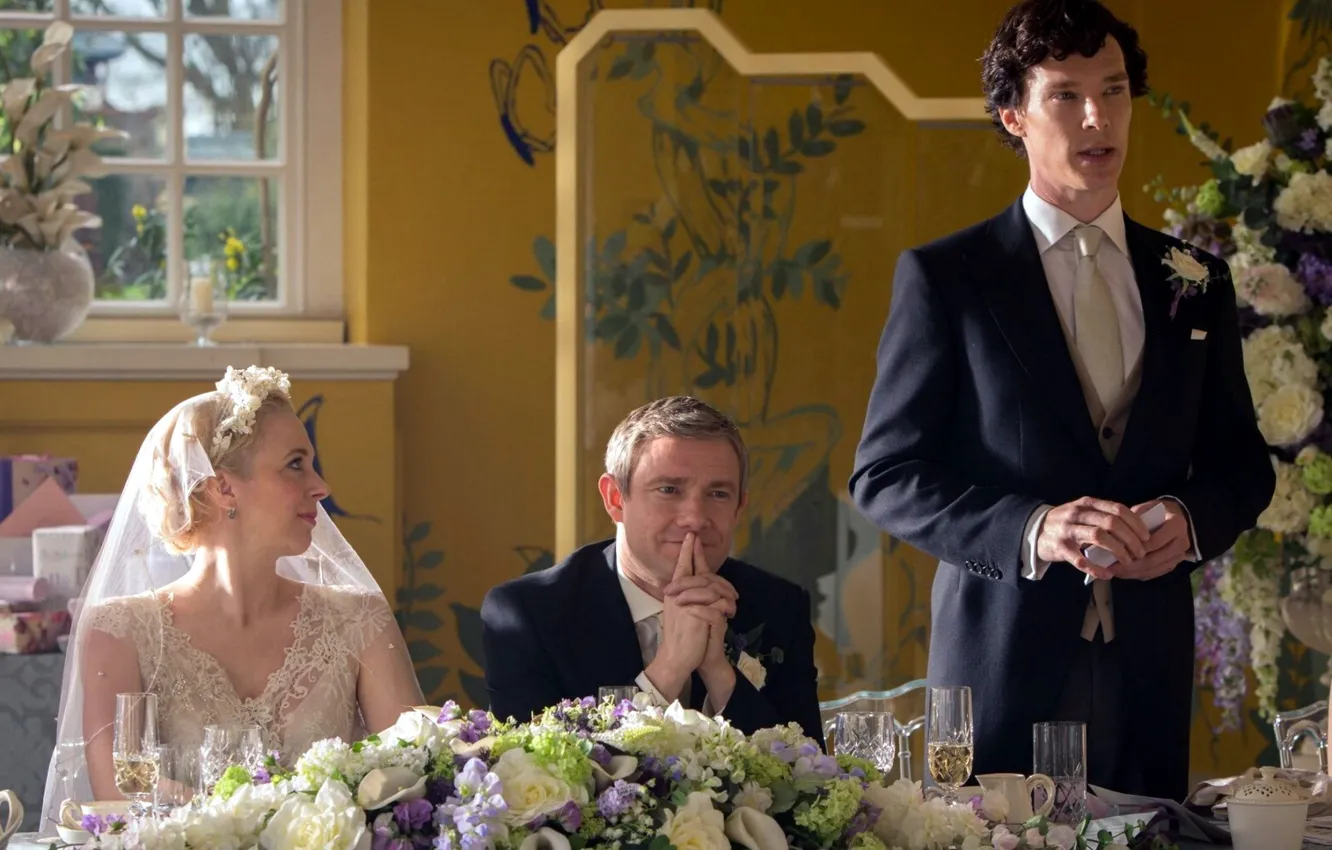Фото обои свадьба, Мартин Фриман, Бенедикт Камбербэтч, Sherlock, Sherlock BBC, Sherlock Holmes, Джон Ватсон, Sherlock (сериал)