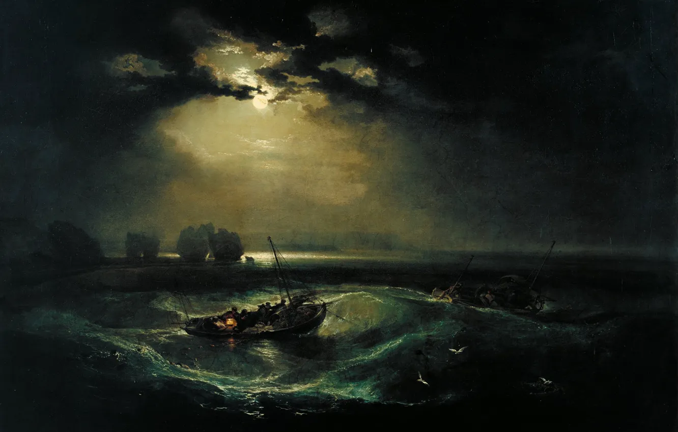 Фото обои волны, ночь, тучи, луна, лодка, картина, морской пейзаж, Уильям Тёрнер