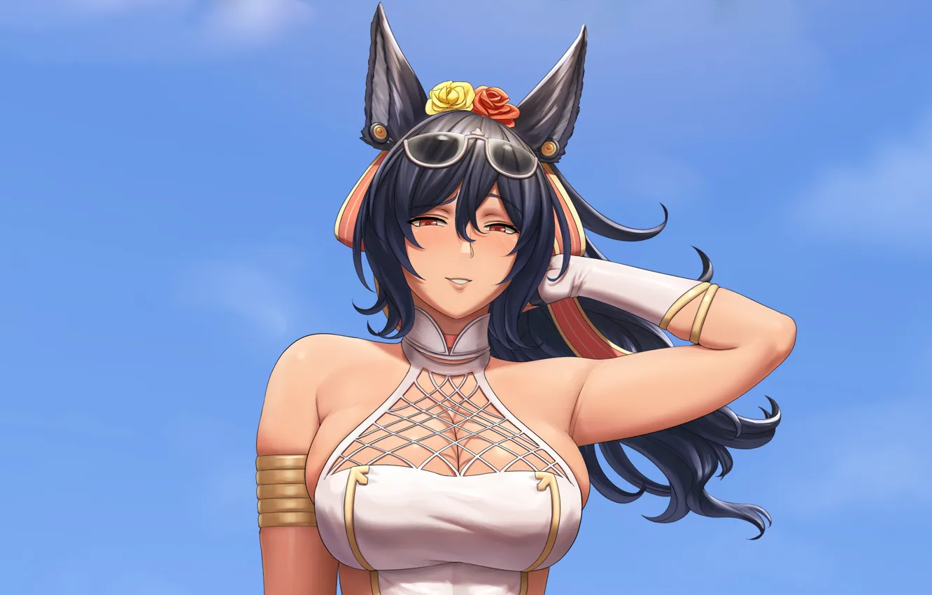 Фото обои girl, sexy, cleavage, blouse, long hair, boobs, animal ears, anime