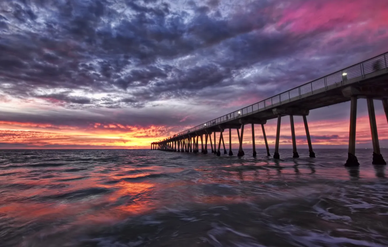 Фото обои море, небо, облака, закат, пирс, США, California, Hermosa Beach