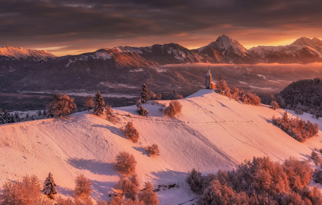 Фото обои зима, лес, свет, снег, горы, церковь