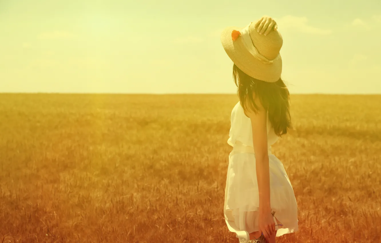 Фото обои поле, лето, девушка, солнце, шляпка