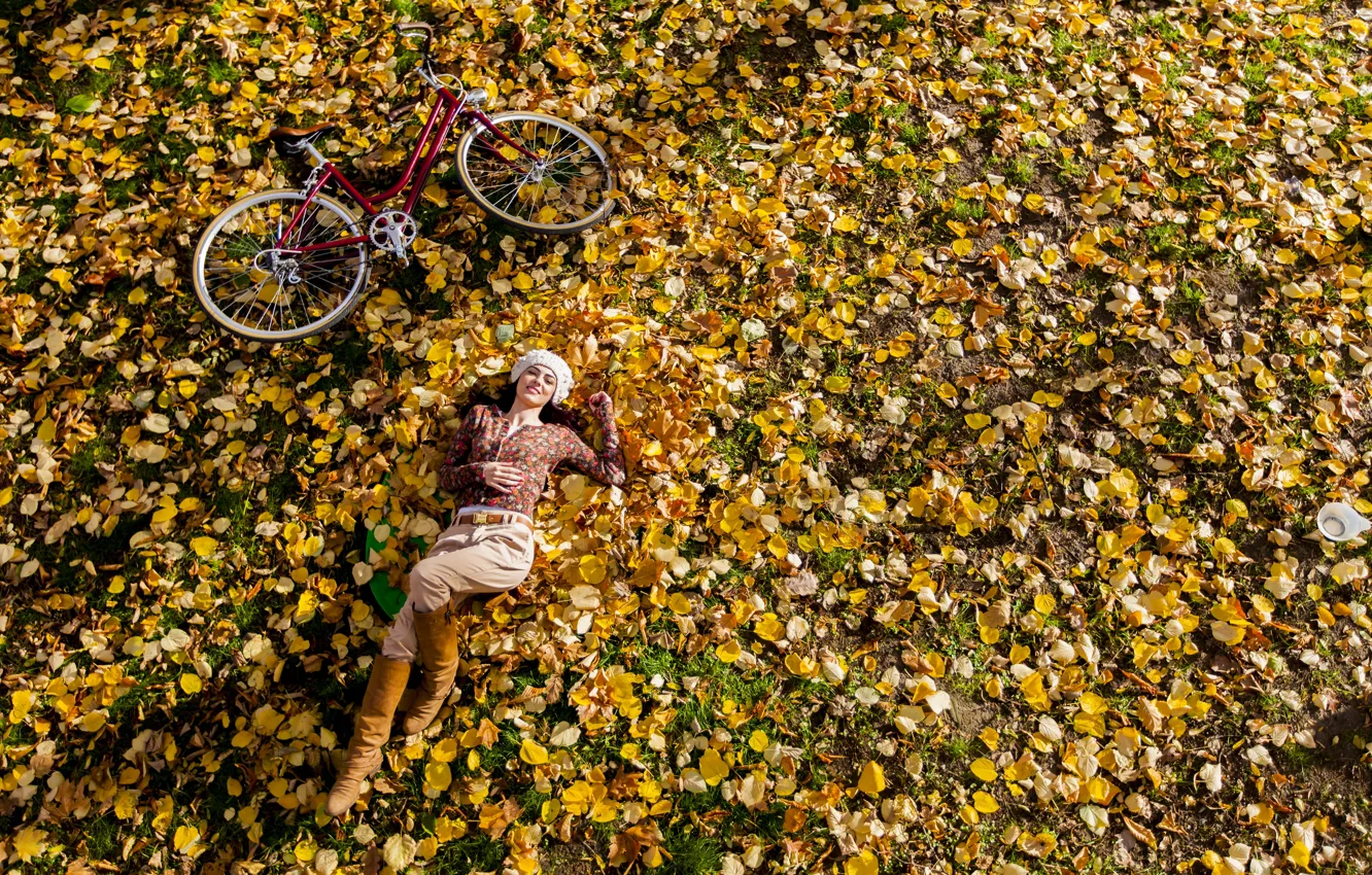 Фото обои осень, листья, девушка, велосипед, парк, отдых, лужайка, nature