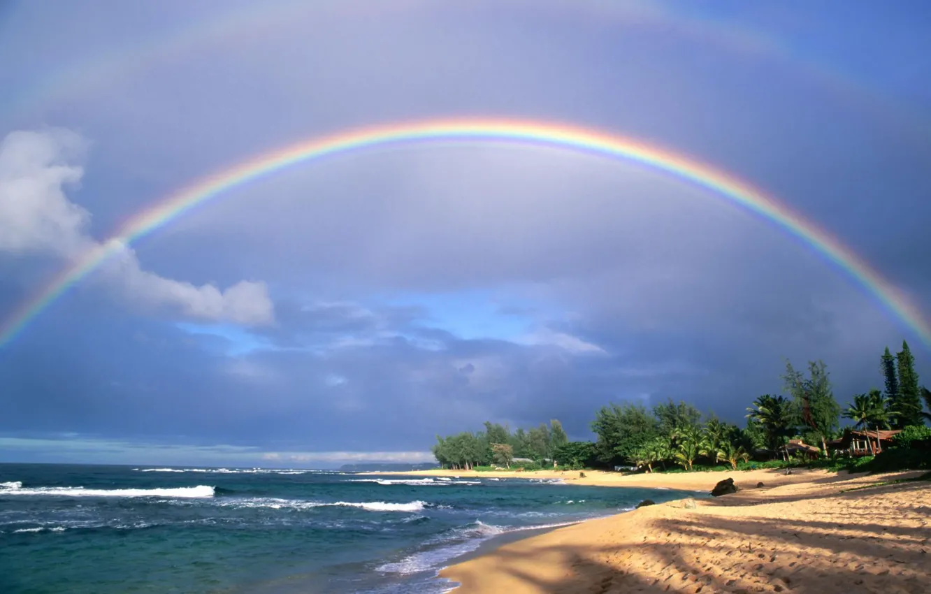 Фото обои море, пляж, небо, радуга