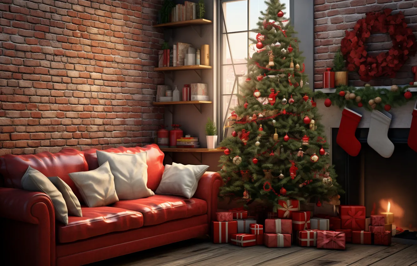 Фото обои украшения, дом, комната, диван, шары, елка, интерьер, Новый Год