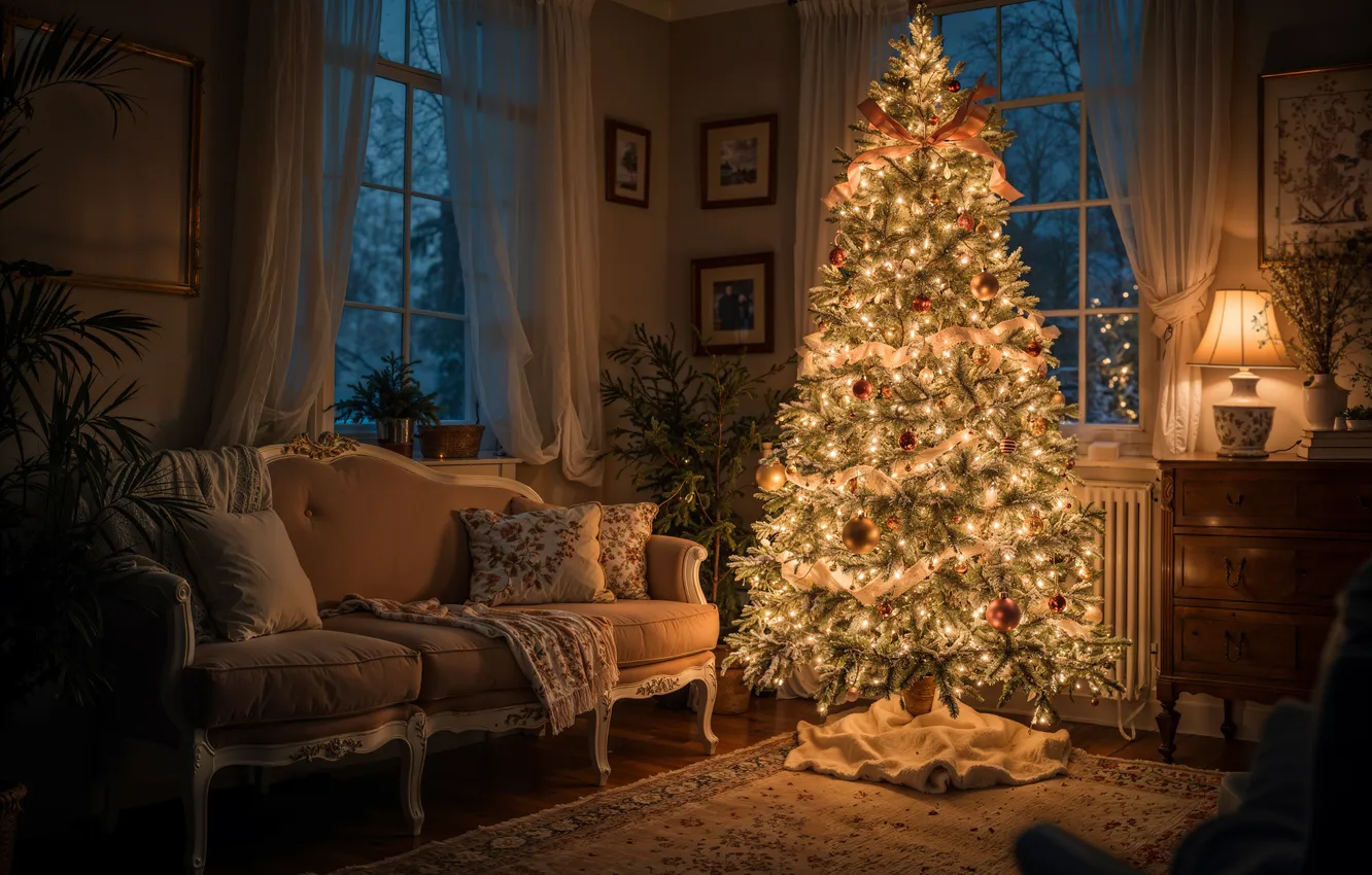 Фото обои украшения, комната, елка, интерьер, Рождество, подарки, Новый год, Christmas