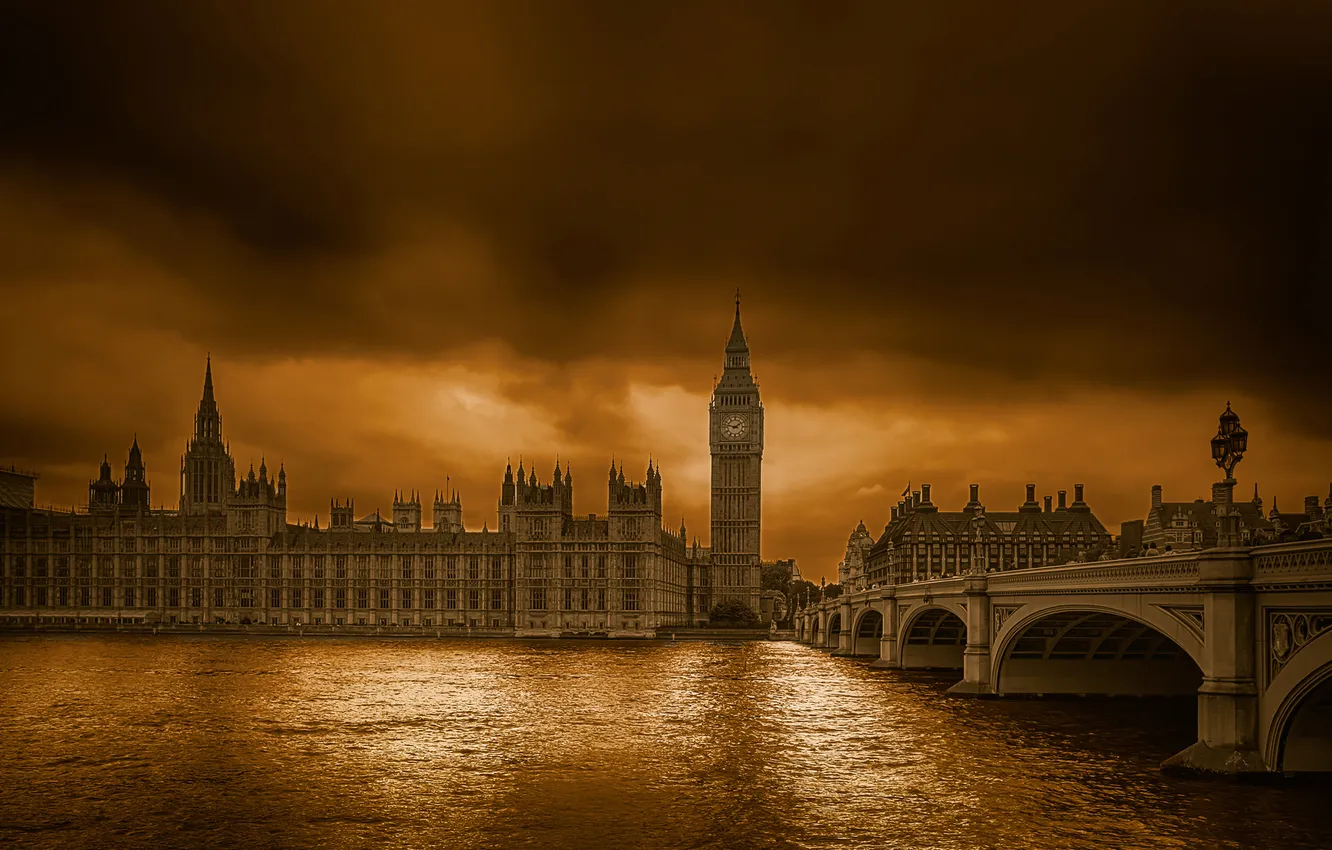 Фото обои тучи, мост, река, Англия, Лондон, башня, Темза, парламент