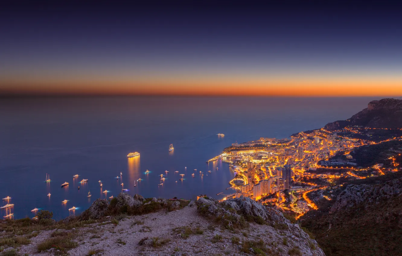 Фото обои море, небо, закат, горы, город, корабль, яхта, Monte-Carlo