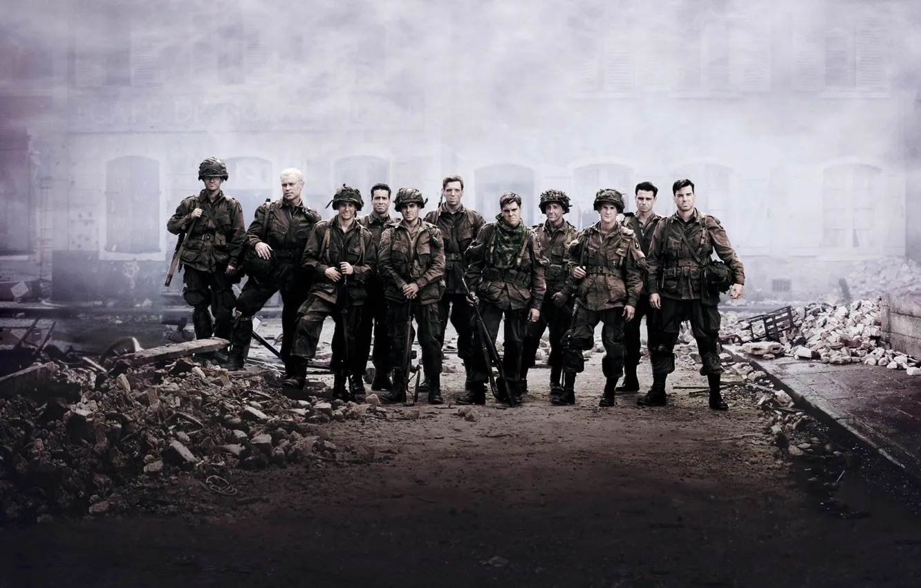 Фото обои Война, Руины, Солдаты, Оружие, Сериал, Мужчины, Band of Brothers, Братья по оружию