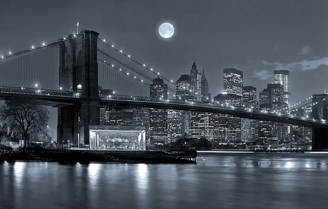 Фото обои небо, ночь, мост, огни, река, луна, дома, Нью-Йорк