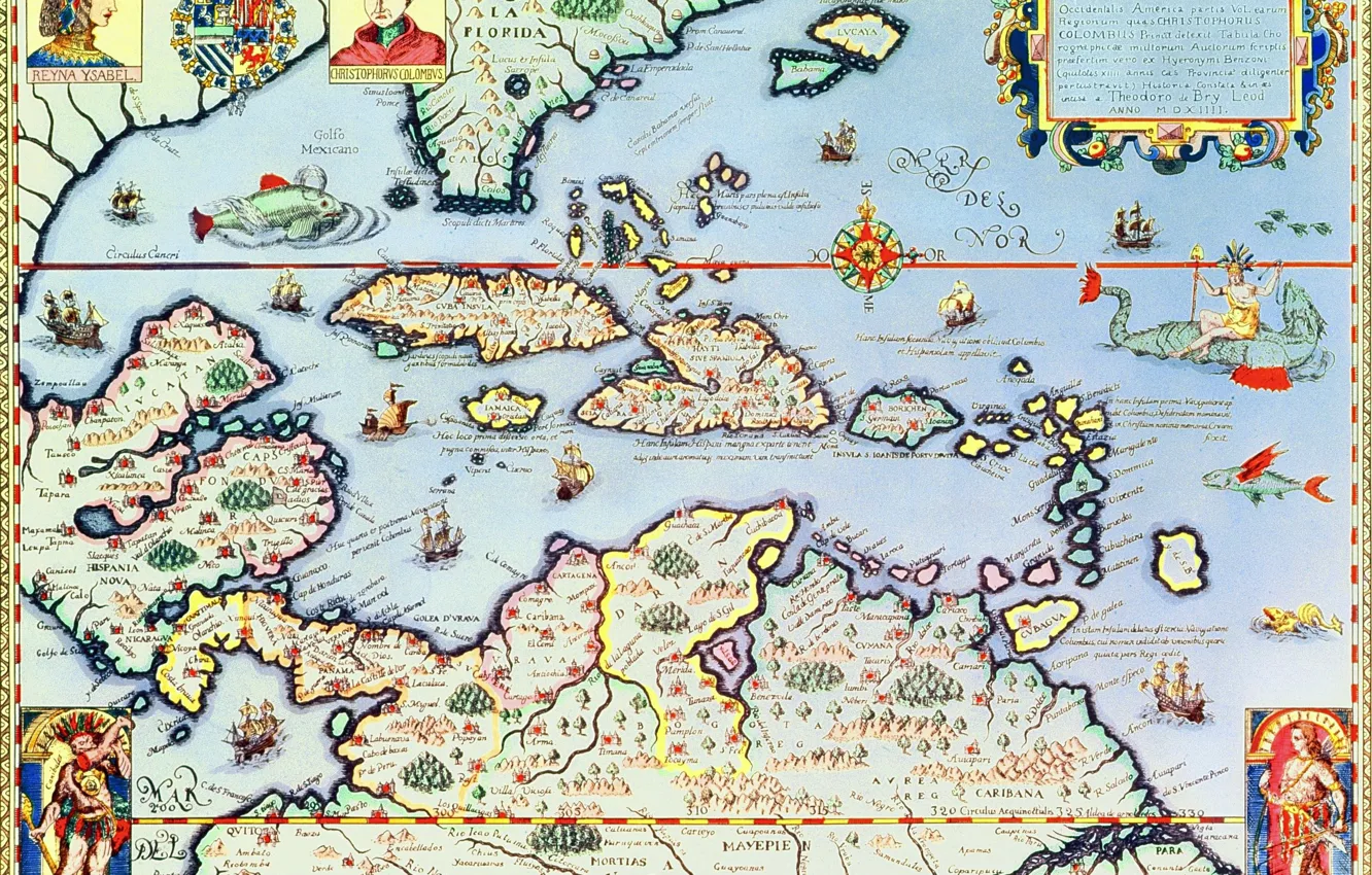 Фото обои карта, Карибские острова и штат Флорида, Теодор де Бри