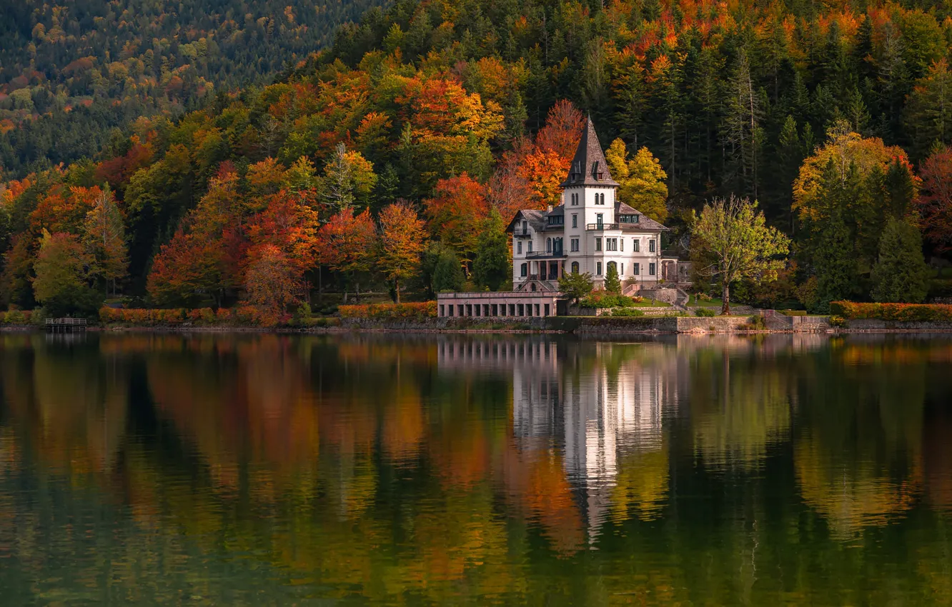 Фото обои осень, лес, дом, отражение, замок, особняк, водоем