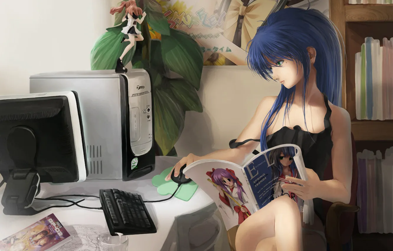 Фото обои компьютер, девушка, игра, ситуация, вечер, аниме, журнал