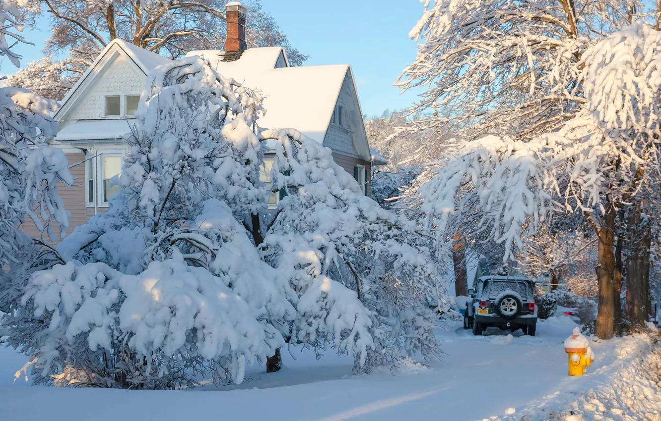 Фото обои зима, снег, деревья, пейзаж, природа, дом, автомобиль, Антонина Яновска