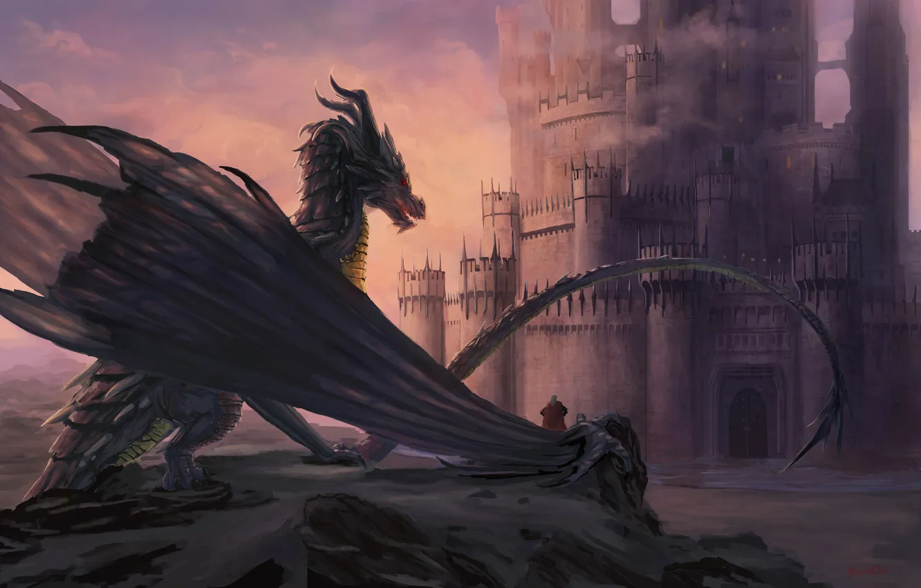 Фото обои замок, фантастика, дракон, крылья, арт, король