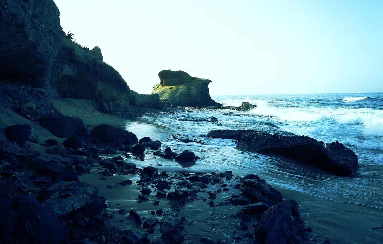 Фото обои песок, море, волны, природа, камни, берег