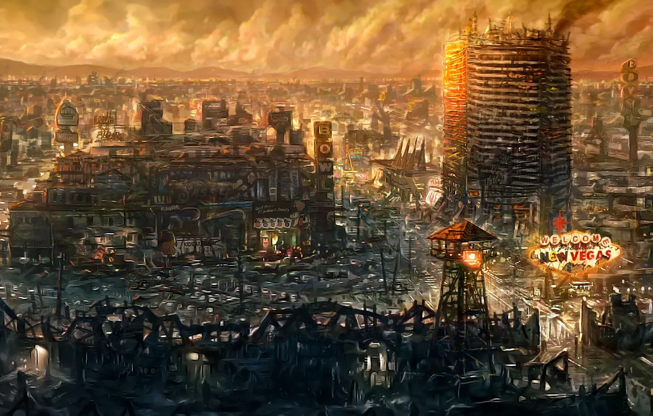 Фото обои город, игра, развалины, Fallout New Vegas, культовая