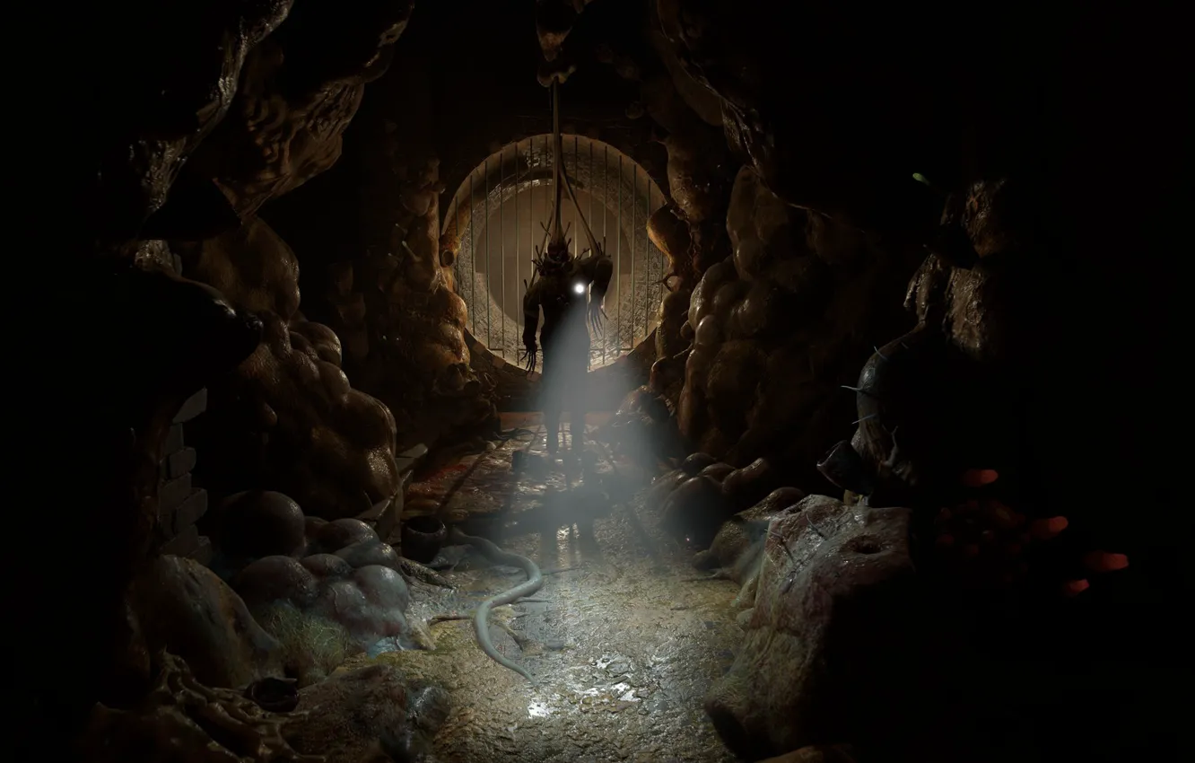 Фото обои монстр, зомби, фонарь, решётка, наросты, Half-Life Alyx, тоннель слизь