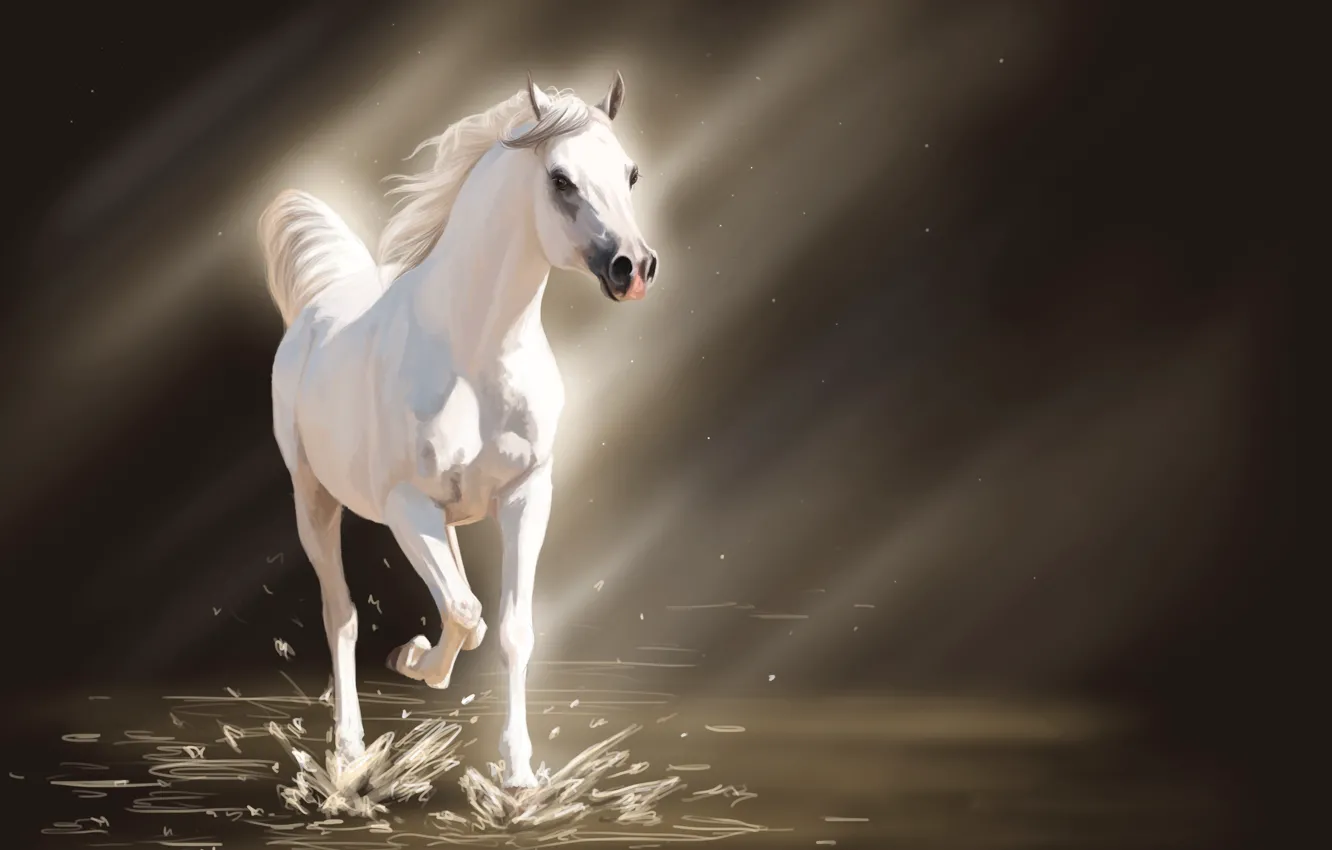 Фото обои вода, свет, брызги, конь, лошадь, арт, белая, солнечные лучи
