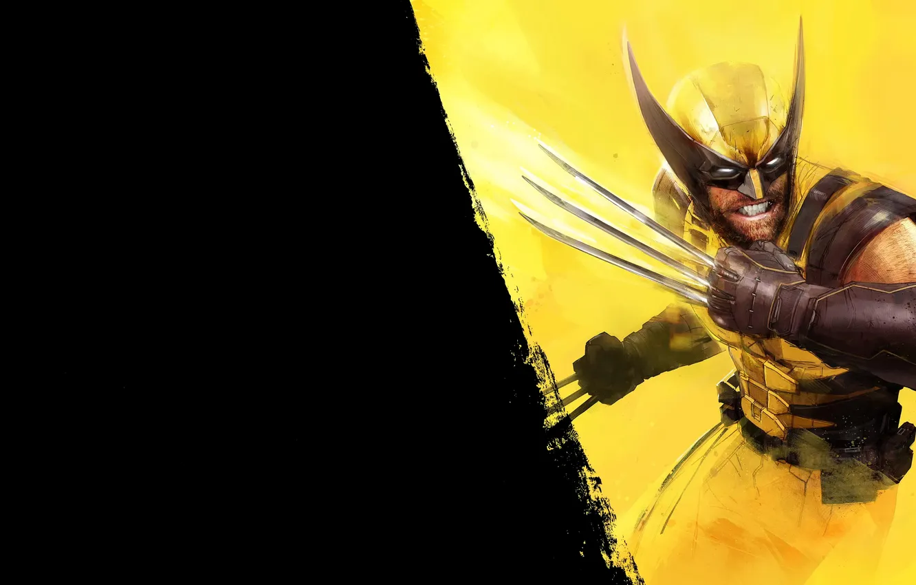 Фото обои маска, арт, костюм, когти, черный фон, Wolverine, Logan, желтый фон