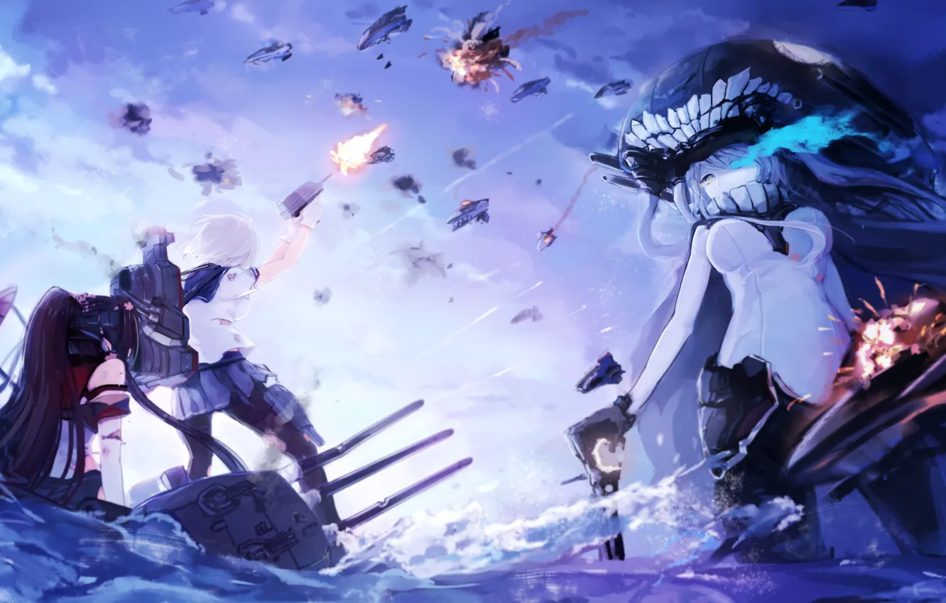 Фото обои вода, оружие, девушки, корабли, аниме, арт, сражение, magicxiang