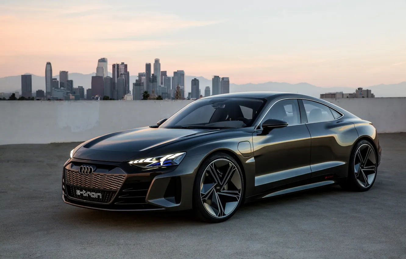 Фото обои Audi, купе, небоскрёбы, 2018, e-tron GT Concept, четырёхдверное