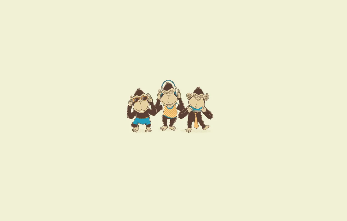Фото обои музыка, минимализм, наушники, очки, три, обезьяны, monkey, трое
