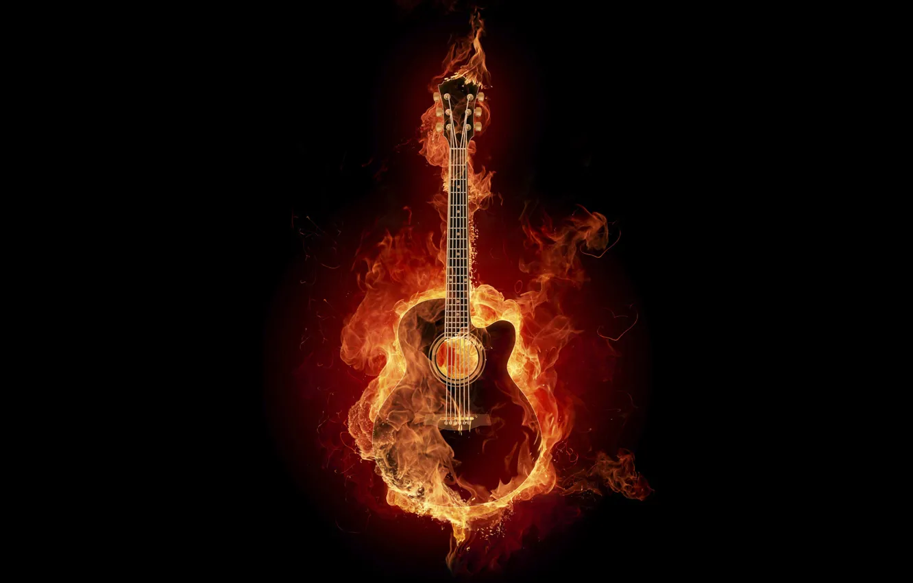 Фото обои llama, ardiente, fuego, efecto digital, guitarra