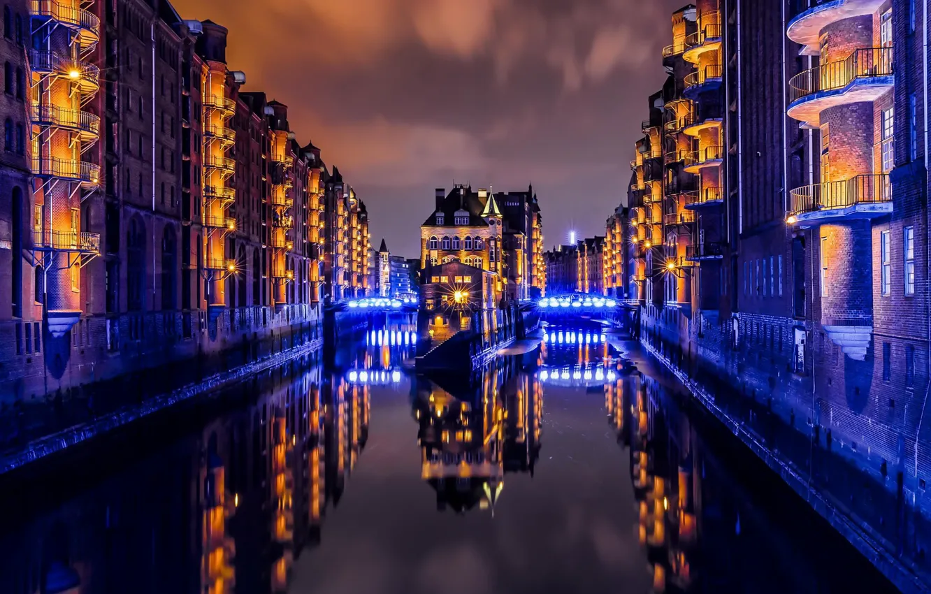 Фото обои ночь, город, Hamburg