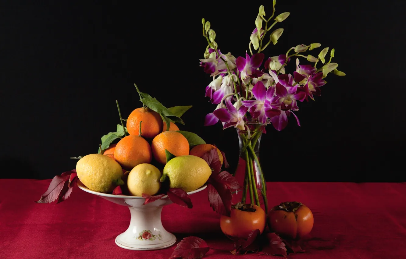 Фото обои цветы, лимон, апельсин, ваза, фрукты, натюрморт, хурма
