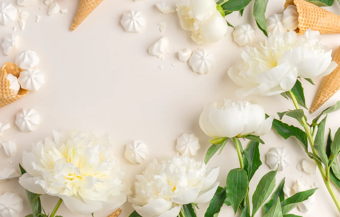 Фото обои цветы, мороженое, white, белые, рожок, flowers, beautiful, пионы