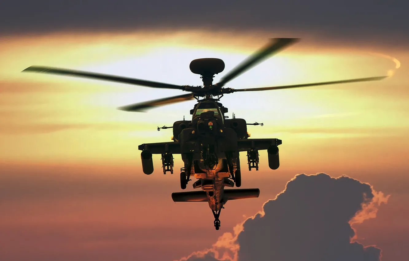 Фото обои закат, вертолёт, Apache, ударный, AH-64, основной, «Апач»