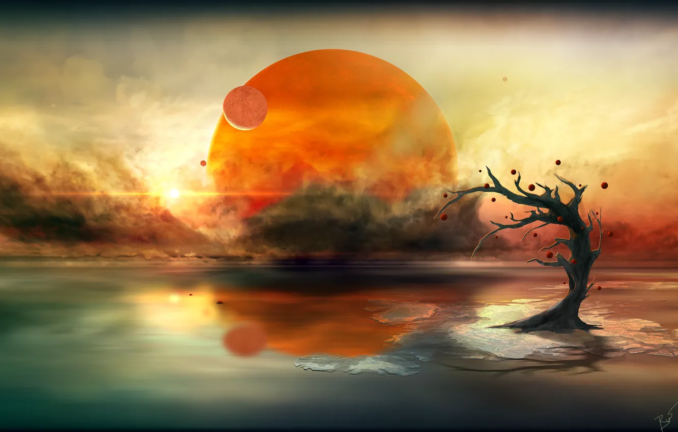Фото обои солнце, облака, дерево, планеты, alien calm