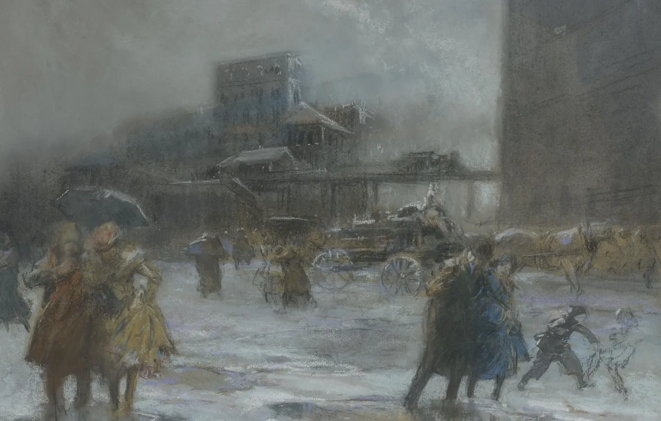 Фото обои картина, городской пейзаж, Everett Shinn, Эверетт Шинн, Cooper Square