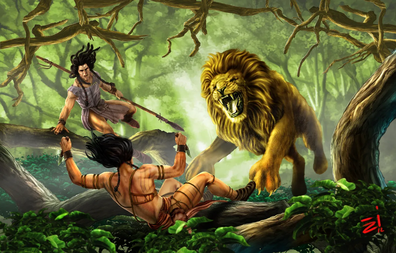 Фото обои лес, хищник, лев, джунгли, арт, охота, ножи, forest