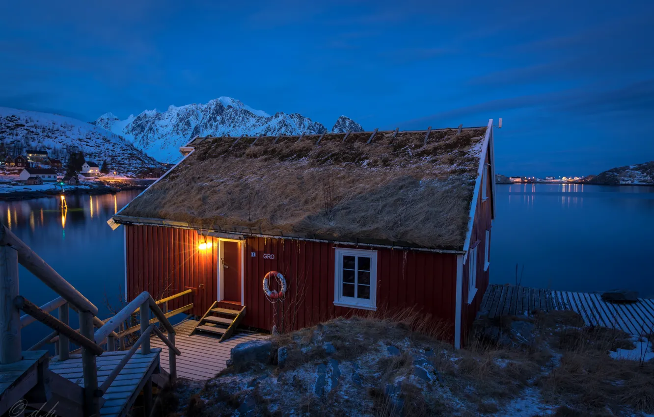 Фото обои зима, снег, горы, ночь, огни, бухта, Норвегия, залив