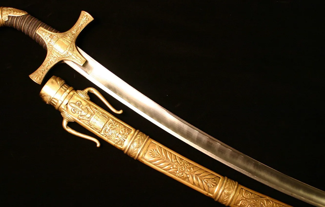 Фото обои metal, sword, golden, gold, flower, weapon, wood, ken