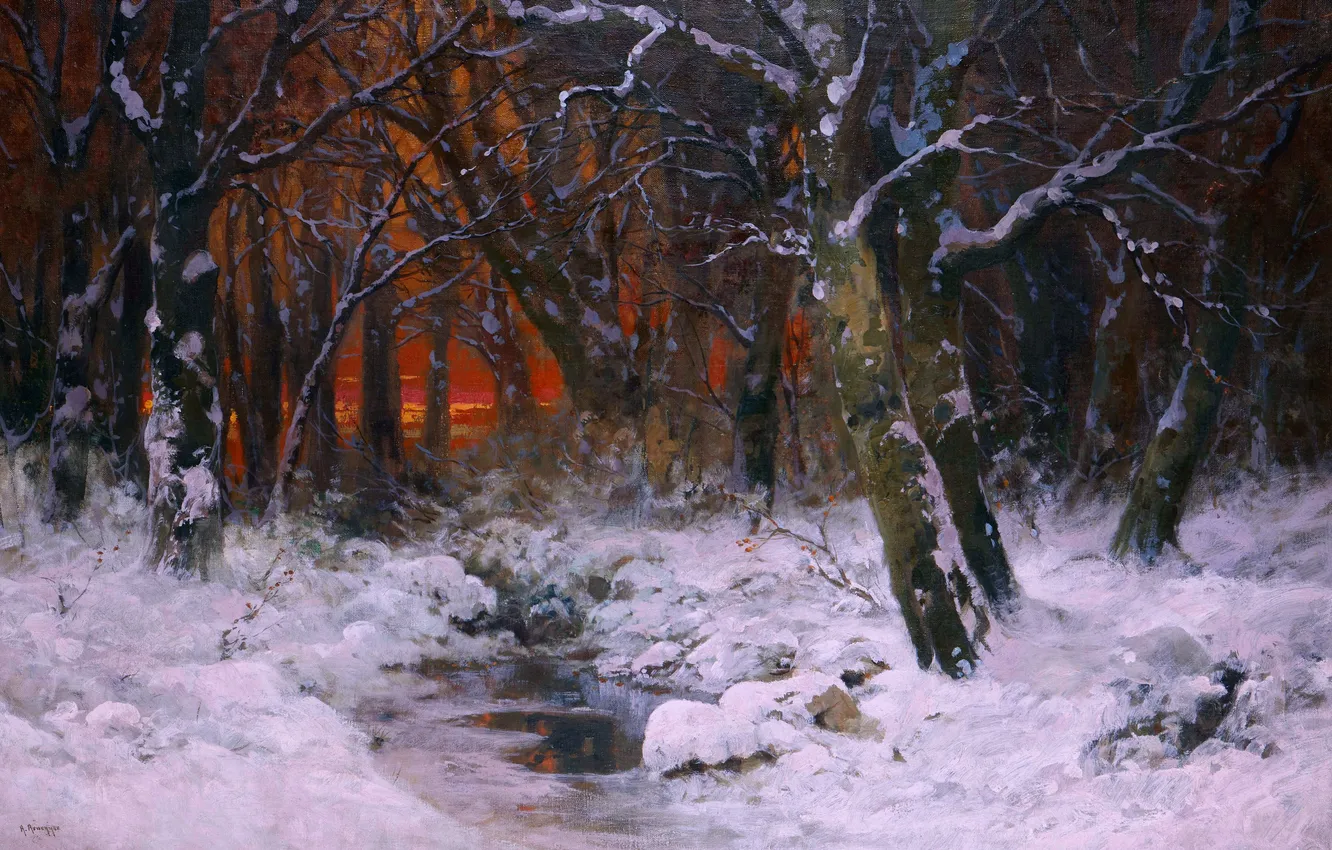 Фото обои Закат, Зима, Вечер, Деревья, Снег, Картина, Alois Arnegger, Алоис Арнеггер