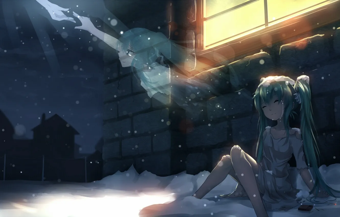 Фото обои зима, девушка, свет, снег, дом, слезы, окно, арт