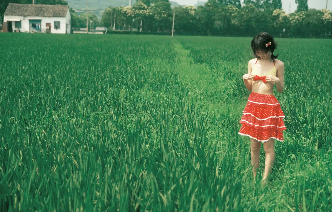 Фото обои House, Asian, Model, Woman, Red Dress, Sunny, Outdoor, Plants