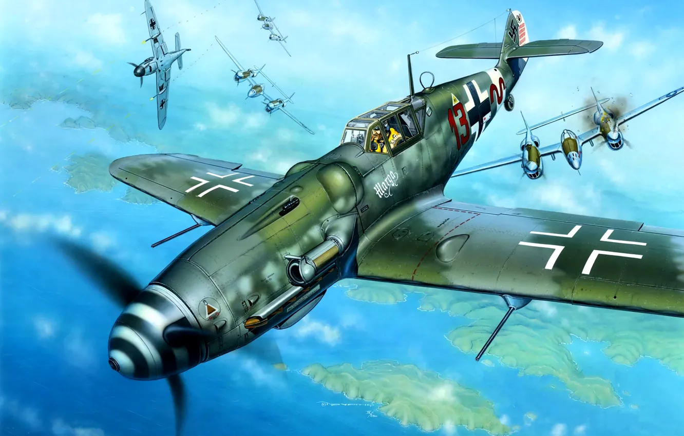 Фото обои Messerschmitt, USAF, WWII, P-38 Lightning, Heinrich Bartels, Bf.109G-6/trop, Bf-109G-6, 11./JG27
