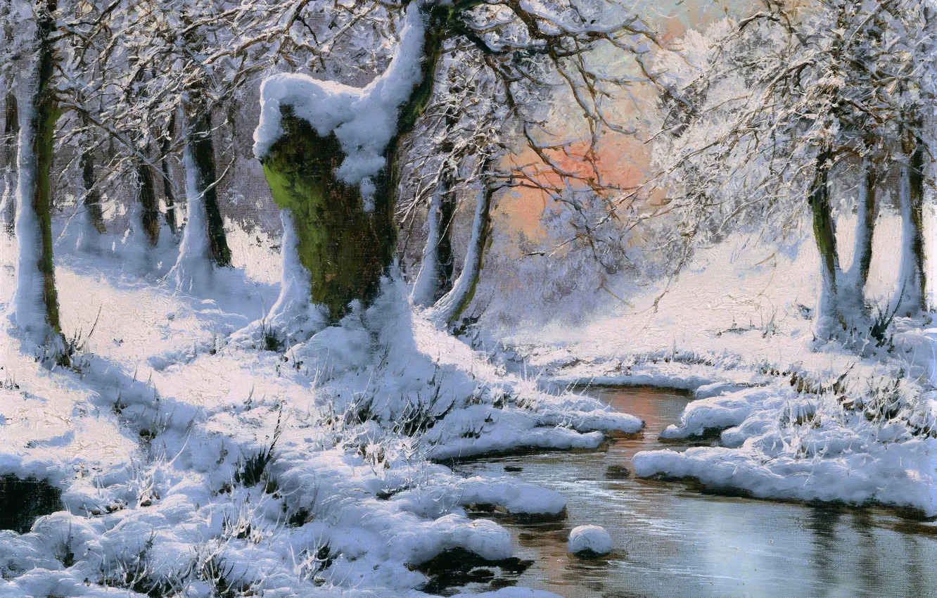 Фото обои Зима, Деревья, Снег, Ручей, Картина, Laszlo Neogrady, Ласло Неогради, Зимний пейзаж с ручьём