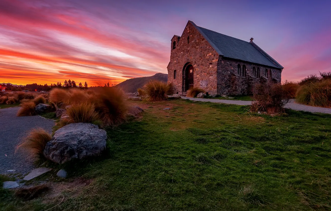 Фото обои закат, церковь, New Zealand, Lake Tekapo, Canterbury, Church of the Good Shepherd