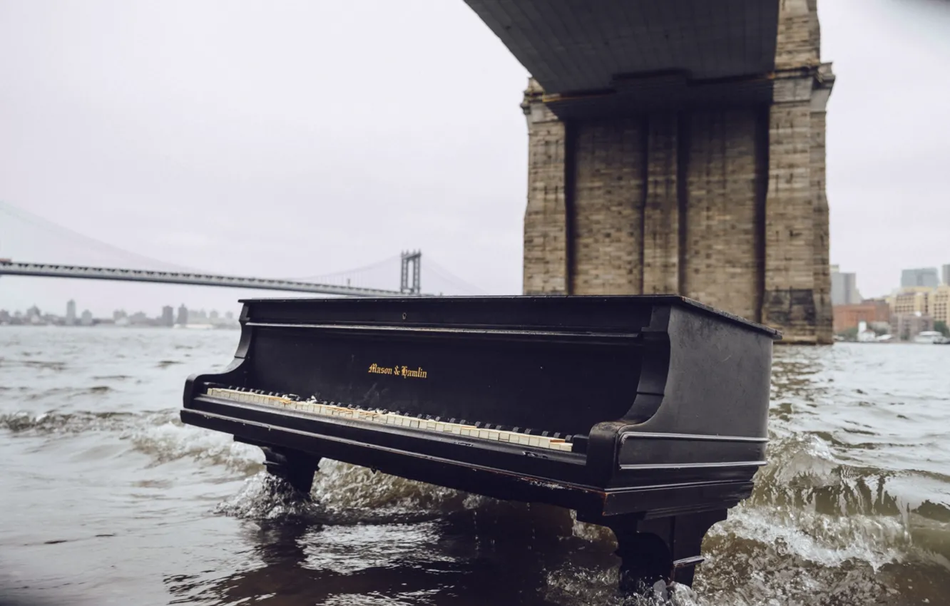 Фото обои мост, музыка, река, пианино