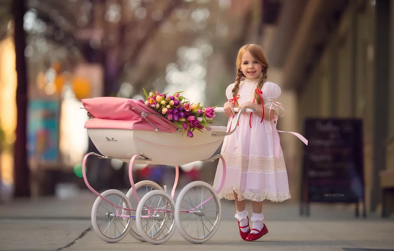 Фото обои цветы, девочка, коляска