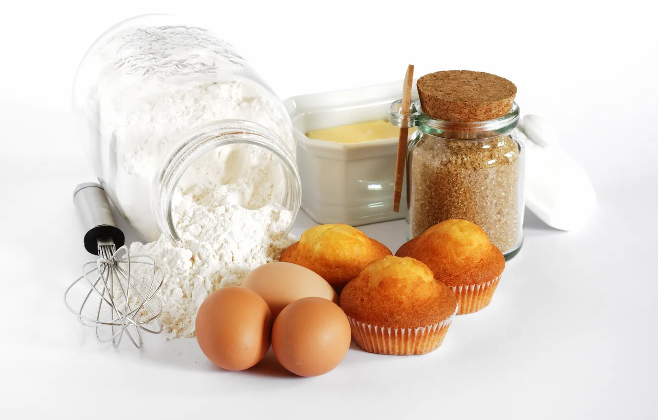 Фото обои яйца, банка, сахар, кексы, мука, тесто