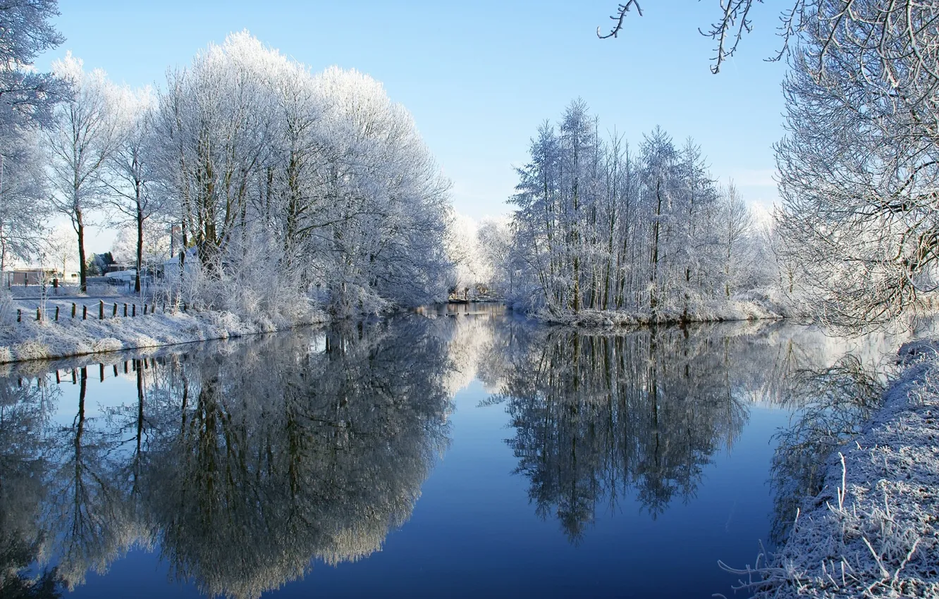 Фото обои зима, лес, небо, снег, река, фото