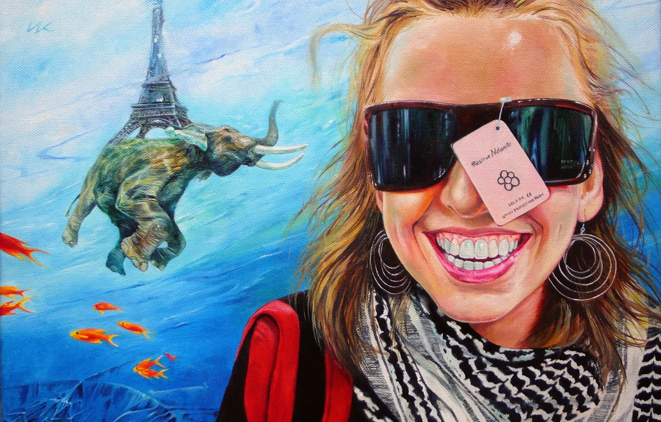 Фото обои девушка, рыбки, абстракция, улыбка, рисунок, эйфелева башня, слон, очки
