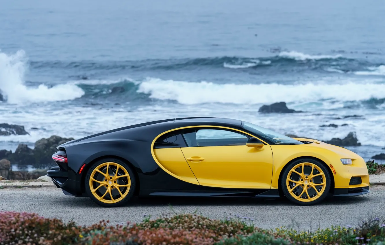 Фото обои побережье, Bugatti, 2018, Chiron, Yellow and Black
