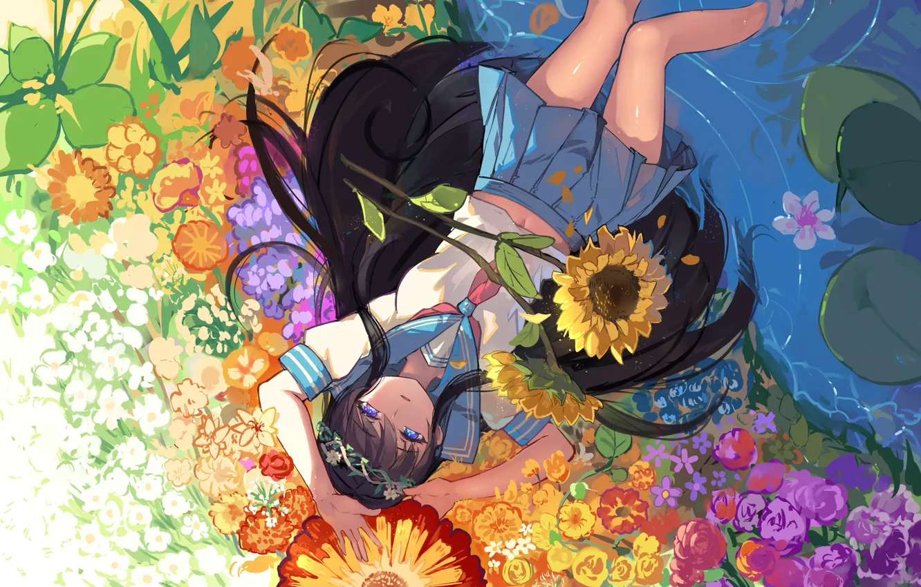 Фото обои вода, девушка, подсолнухи, цветы, аниме, арт, форма, школьница